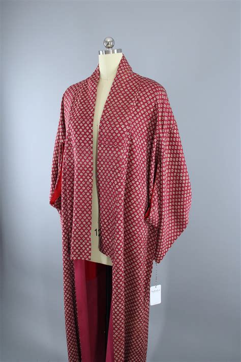 1940s Vintage Silk Kimono Robe Cranberry Red Floral Print