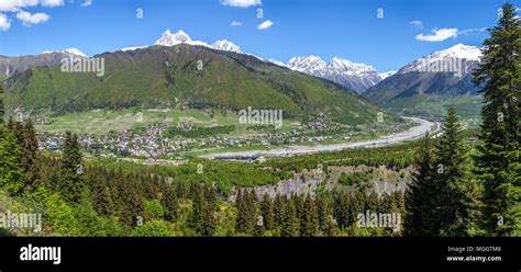 Svaneti Mountains Ushba Mountain Panoramic View Of The City Of Mestia