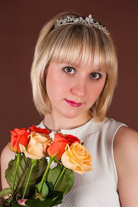 Attractive Girl With Bouquet Roses Stock Photo Image Of Looking