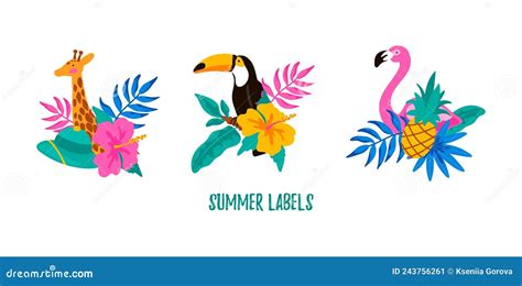 set of hand drawn summer labels with giraffe flamingo toucan tropical leaves flowers and