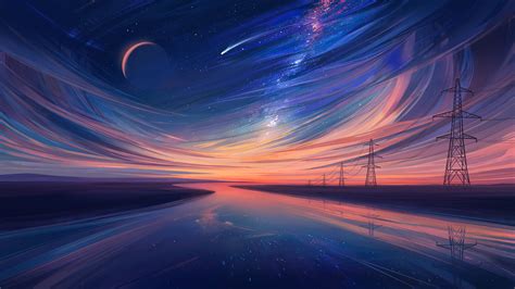 Digital Art Landscape River Sky Power Lines Moon Aenami Wallpaper
