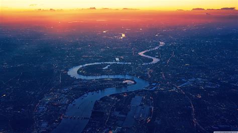Winding River Sunset City Aerial View 4k Wallpaper