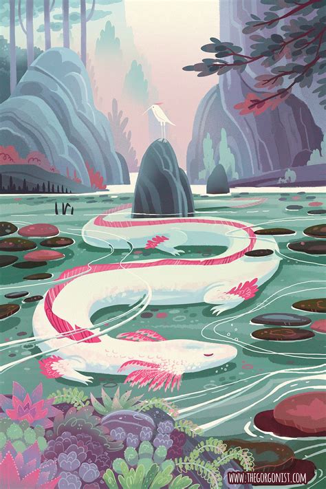 Serene Axolotl Dragon Lake 12x18 Fantasy Art Poster Mythical