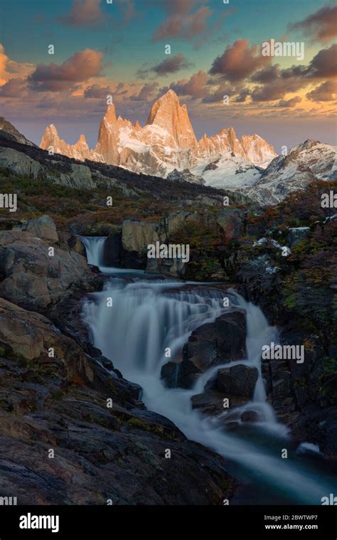 Mount Fitz Roy And Waterfall At Sunrise In Autumn El Chalten