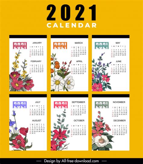 2021 Calendar Template Colorful Classic Botany Decor Vectors Images