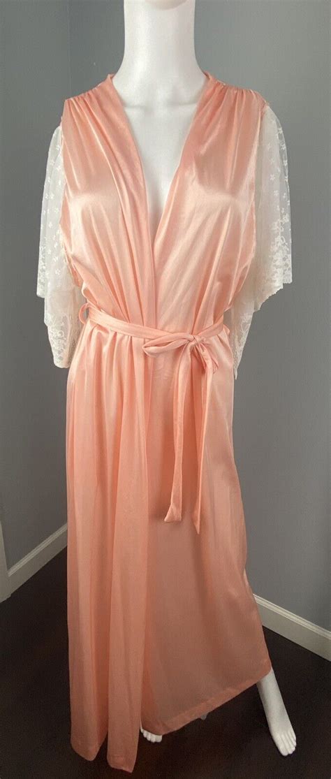 vintage nylon satin shiny peignoir nightgown robe lac… gem