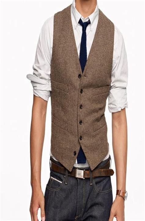 Vintage Brown Tweed Vest Wool Herringbone Groom Vests British Style