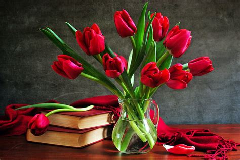 Hd Wallpaper Red Tulips And White Lilies Flowers In A Vase White And