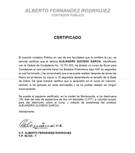 Certificado De Curso De Macros Para Contadores Cp Alberto Fernandez