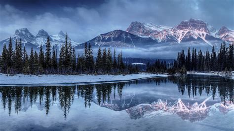Picture Spruce Winter Nature Mountains Snow Lake Scenery