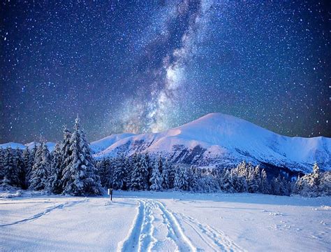 Inverno Montagne Neve Cielo Stellato Paesaggio Notturno Invernale