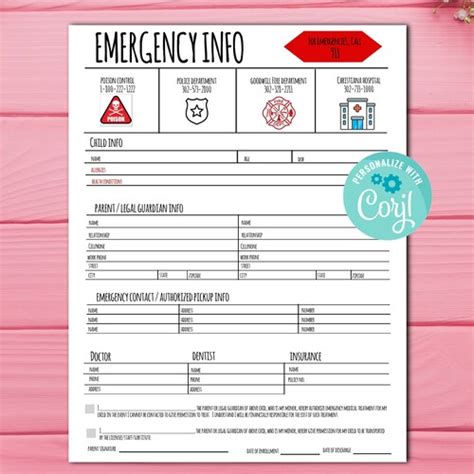 Emergency Contact Info Sheet Contact Information For Daycare Etsy