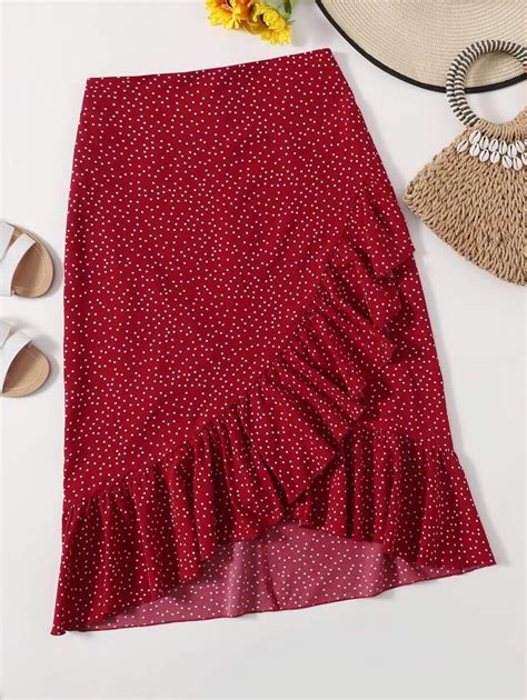 Ruffle Trim Wrap Polka Dot Skirt Shein Usa Trendy Dress Outfits