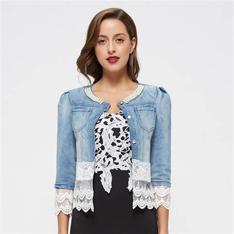 Women Denim Jacket With Cute Lace Trimmings 3 4 Sleeve Outerwear Denim Jacket Women Denim