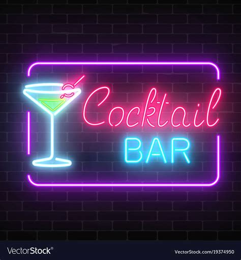 Neon Cocktail Bar And Cafe Glowing Sign With Geometrical Frame On A Brick Wall Background Glow