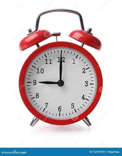 Red Alarm Clock Set At Nine Isolaten Over White Background Stock Photo