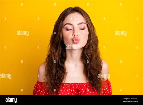 Photo Portrait Of Funky Girl Sending Air Kiss Pouted Lips In Red Dress