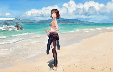Wallpaper Sea The Sky Girl Clouds Nature Shore Anime Art Costume One Images For Desktop