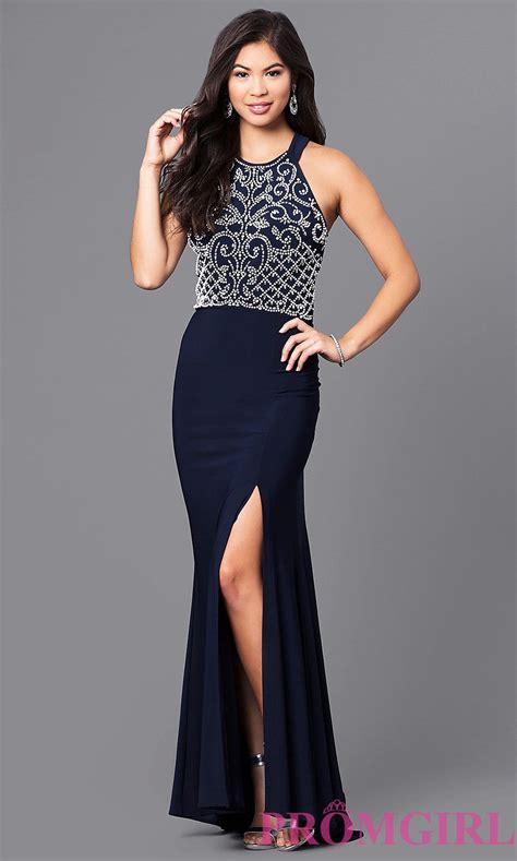 Long Navy Blue Prom Dress With White Beaded Bodice Blue White Prom