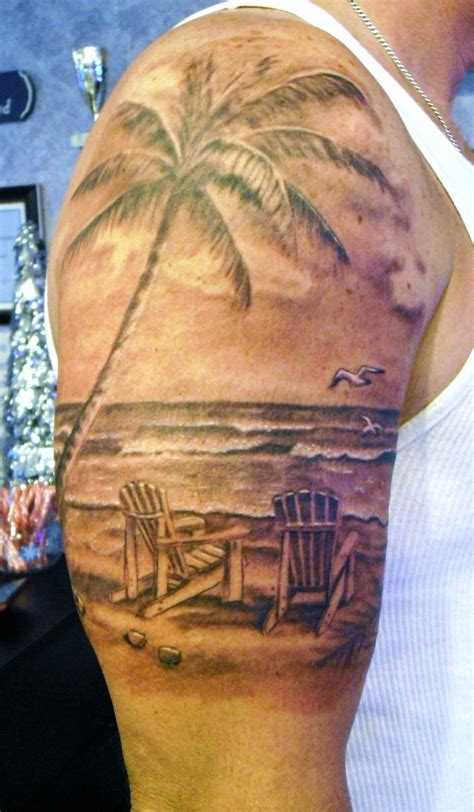 Grey Ink Beach View Tattoo On Right Half Sleeve For Men Sunset