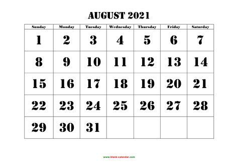 Specifically, in our august 2021 calendar you'll find 31 days and plenty of space to write your own personal obligations. Free Download Printable August 2021 Calendar, large font ...
