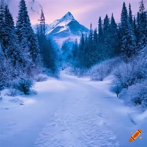 Winding Snowy Path Leading To A Foreboding Mountain In High Detail On