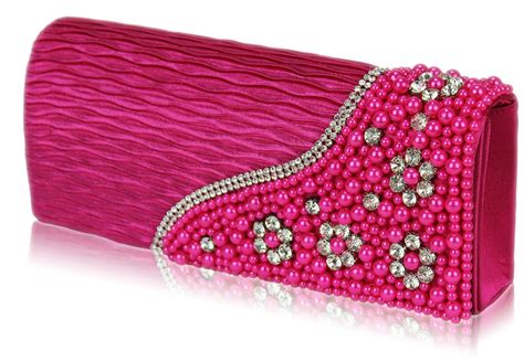 Wholesale Pink Satin Beaded Clutch Bag With Crystal Decoration