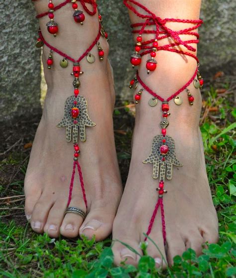 Red And Brass Hamsa Hand Barefoot Sandals Foot Jewelry Toe Anklet