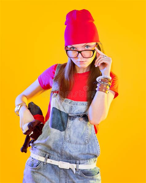 Portrait Of Funny Girl In Glasses And Red Caps Stock Image Image Of Finger Nerdy 38282003