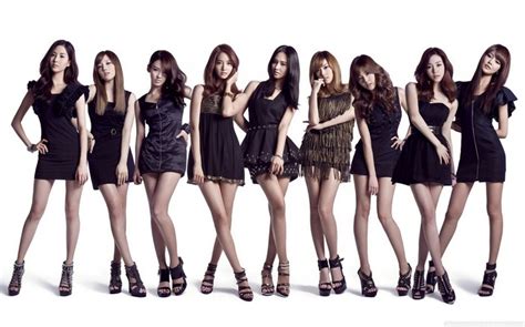 group of women high heels asian looking at viewer black dress curly hair korean snsd bracelets