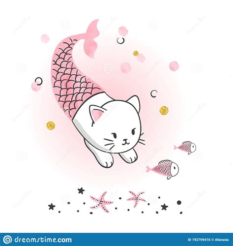 Cute Cartoon Cat Mermaid Vector Illustration Stock Vector