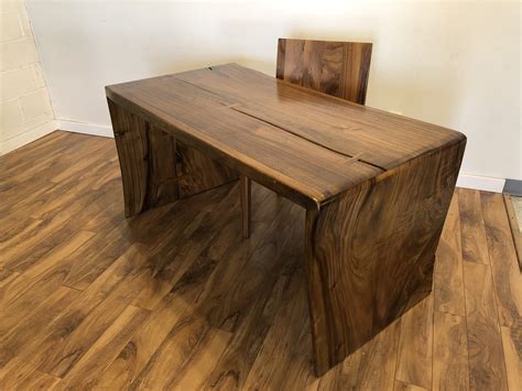 Live edge burled molava wood center of top has 3/8 thick glass finished in a light walnut with a satin lacquer metal base finished in flat black hidden wire management inside the metal base grey desks built in commercial grade formica. SOLD - Live Edge Wood Desk - Modern to Vintage
