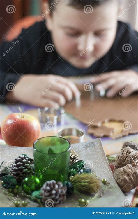Christmas Decoration And Boy Cutting Dough Stock Image Image Of