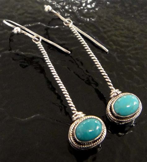 Long Detailed 925 Sterling Silver And Turquoise Dangle Earrings Jewelry By Glassando
