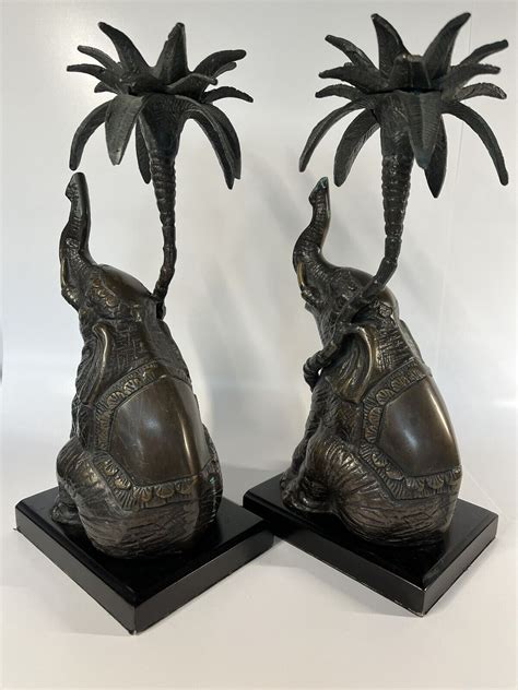 Pair Of Vintage Bronze Elephant And Palm Tree Candlesticks