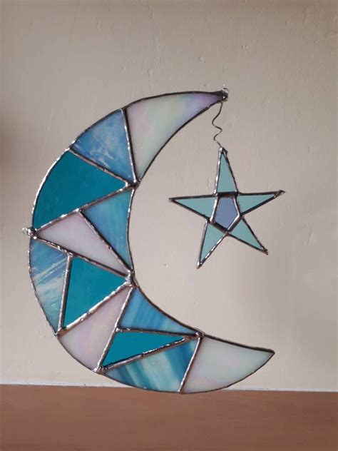 Stained Glass Moon Star Celestial Suncatcher Blue Moon Sun Etsy