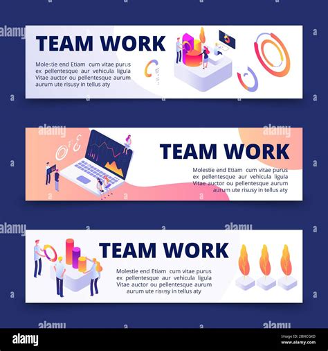 Team Work Vector Banners Template With Isometric People Illustration