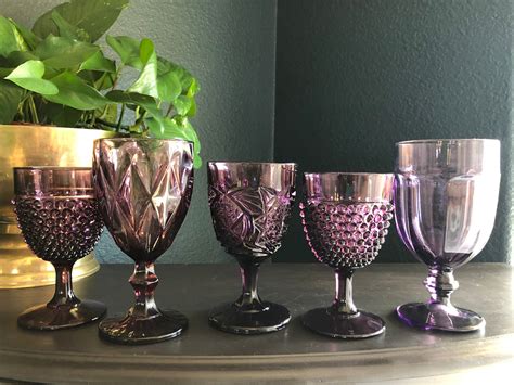 Mixed Vintage Set Of 5 Purple Colored Glass Goblets Glasses Etsy Wedding Glassware Eclectic