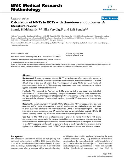Pdf Calculation Of Nnts In Rcts With Time To Event Outcomes A