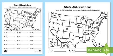 United States Abbreviations Map Activity For Rd Th Grade