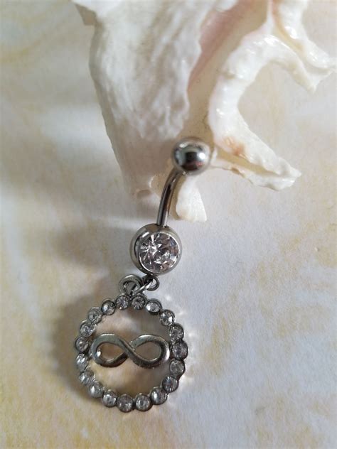 G Infinity Dangle Belly Ring With Clear Cz Gems Etsy In