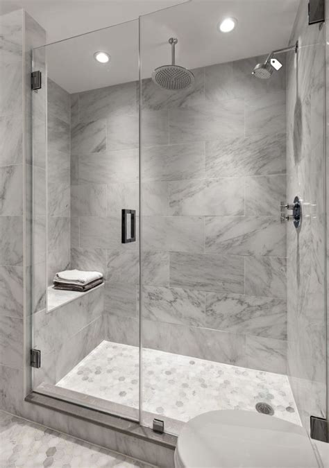 Grey And White Marble Shower Surround Hexagonal Tile Floor Bathroom Interior Design Bathroom