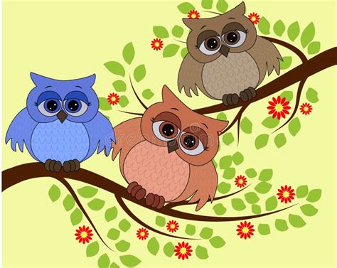 Bright Cute Cartoon Owls Sit On The Flowering Branches Of Trees Stock