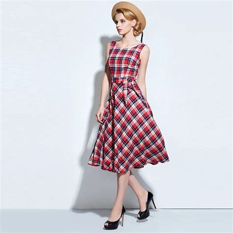 women red plaid dress summer vintage a line sashes dress party office midi dresses o neck