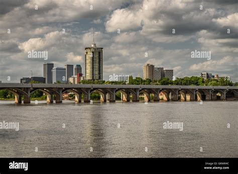 Skyline Of Tulsa Oklahoma With Arkansas River In The Foreground Stock