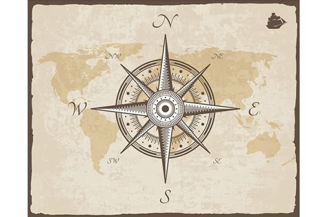 Vintage Nautical Compass Old Map Custom Designed Illustrations