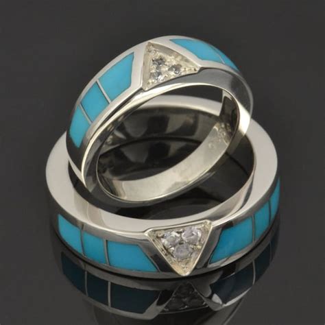 Turquoise Wedding Ring Set With White Sapphires Turquoise Etsy