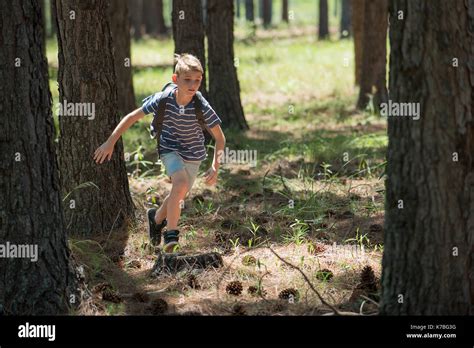 Boy Running In Woods Stock Photo Alamy