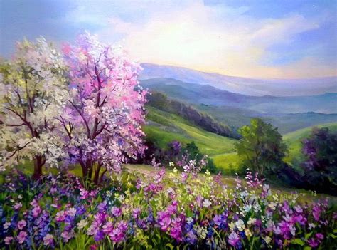 Love to paint hydrangea flowers? Flower field painting. spring | Landscape paintings
