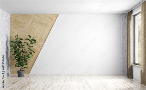 Interior Background Of Empty Room With White Wall And And Potted Plant